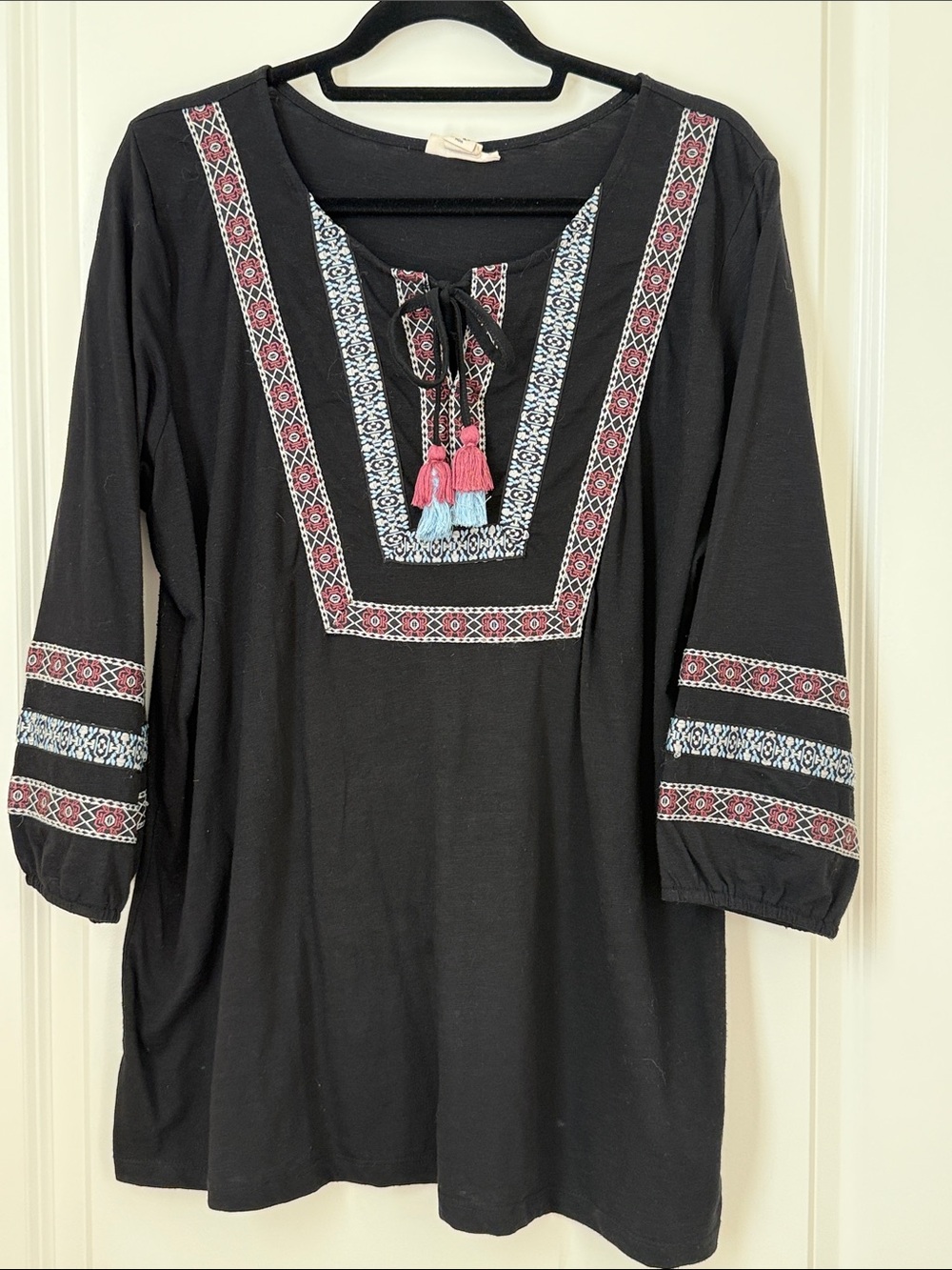 Style & Co. Black Embroidered Peasant Top with Tassel Tie